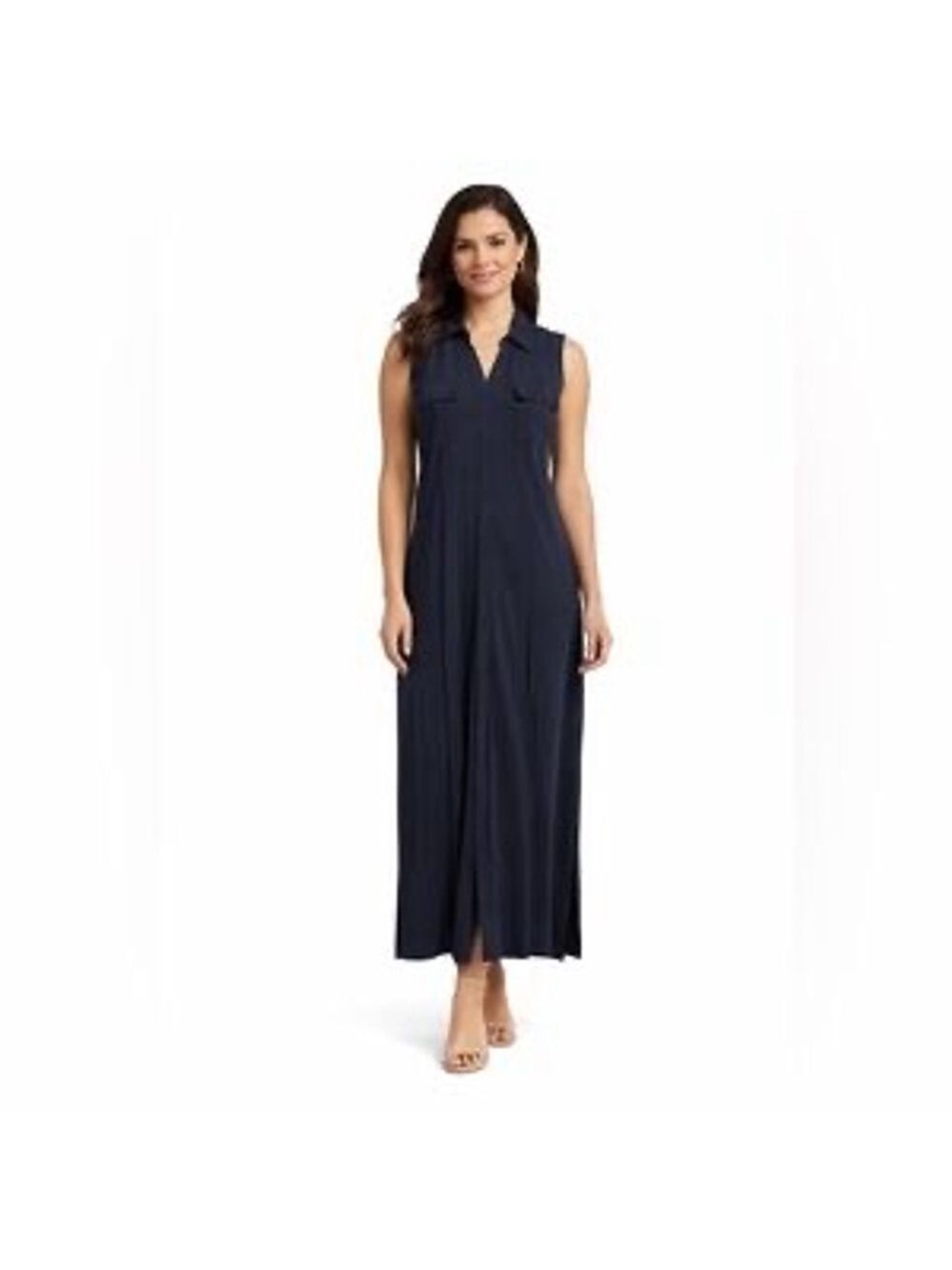 Talbots Navy Sleeveless Full Button-Front Closure Collared Maxi Dress Size S